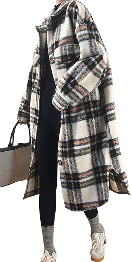 CHARTOU Women's Lightweight Spread Collar Wool Blend Plaid Midi Long Shacket Trench Coat | Amazon (US)