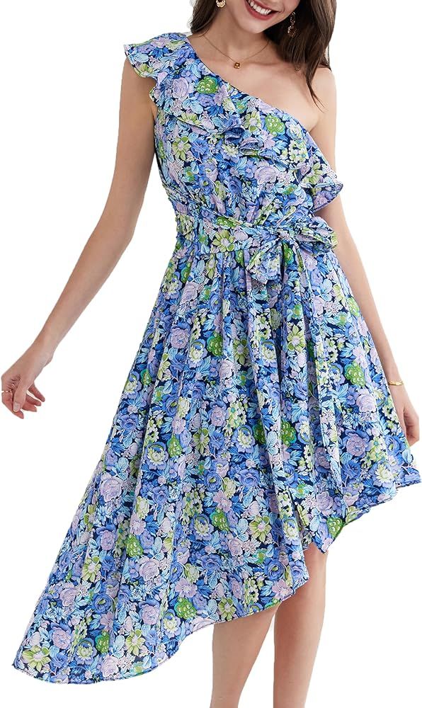GRACE KARIN Womens Summer Floral Dress Casual One Shoulder Ruffle Sleeveless Asymmetrical High Lo... | Amazon (US)