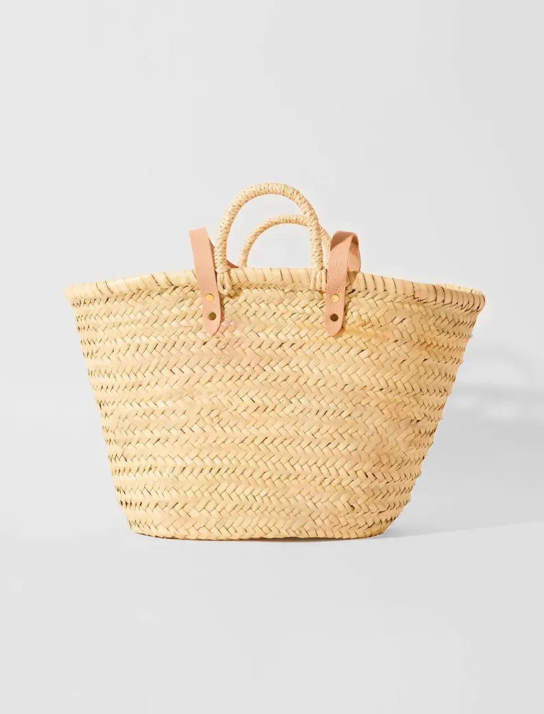 Straw Basket, French Market Basket Bag Woven Basket Moroccan Basket Bag With Leather Handles Medi... | Etsy (US)