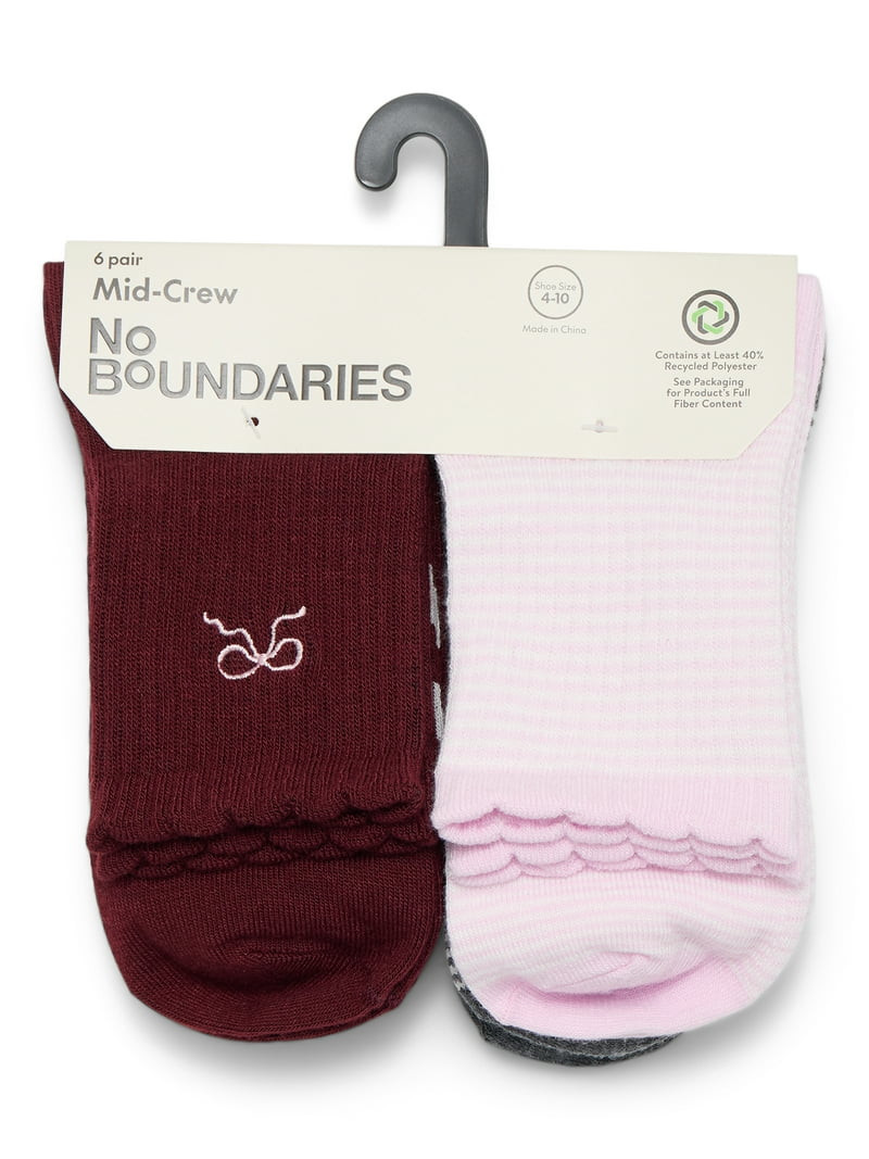 No Boundaries Women's Embroidered Scallop Edge Mid-Crew Socks, 6-Pack, Size 4-10 | Walmart (US)