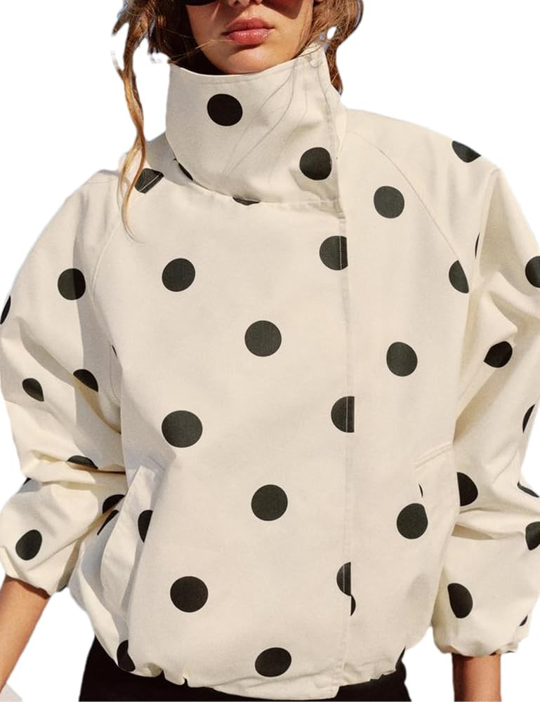 Women's Polka Dot Bomber Jacket Stand Collar Snap Button Coat Outwear | Amazon (US)