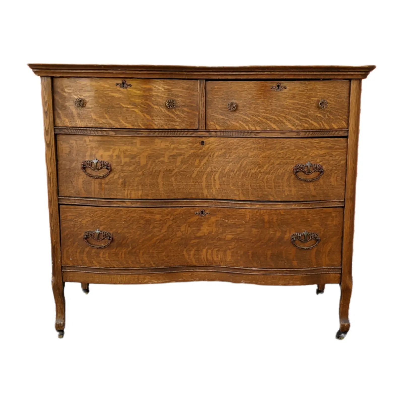 Antique Tiger Oak Serpentine Front Chest of Drawers Dresser | Chairish