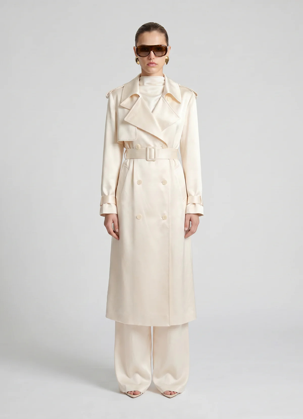 Ivory Satin Trench Coat | DE SAVARY LONDON