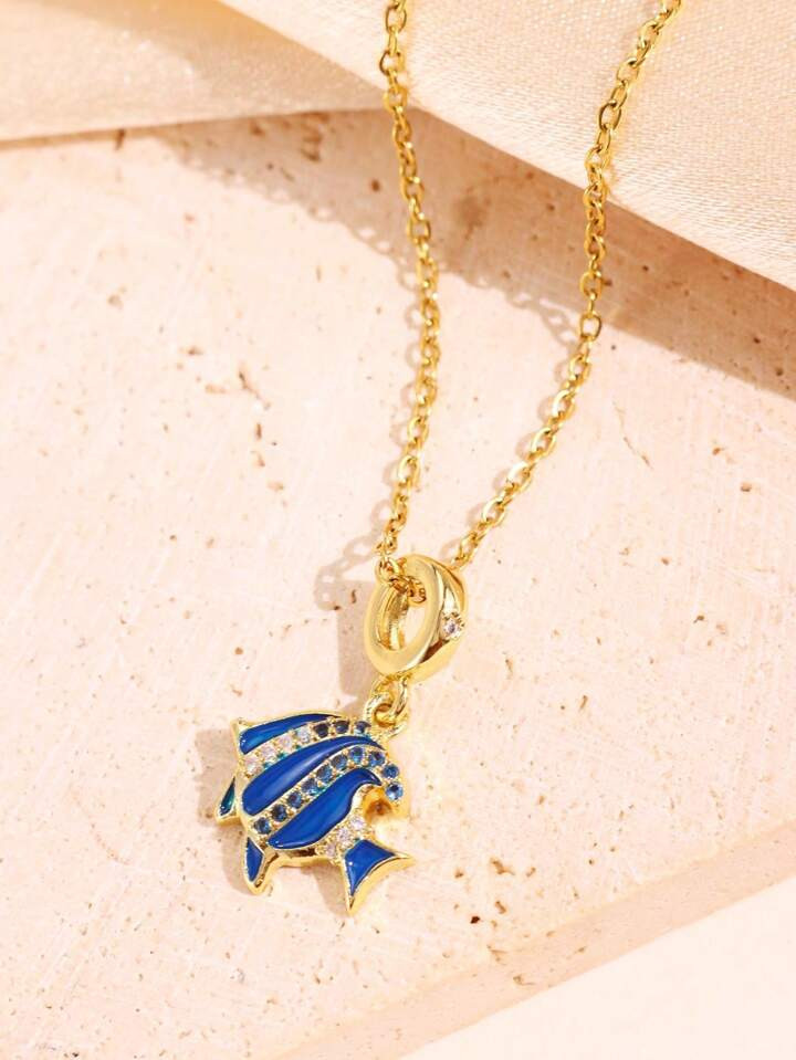 1pc Gold Plated Chain Necklace With Blue Zirconia Embeded Pendant, Featuring Travel, Plane, Earth... | SHEIN