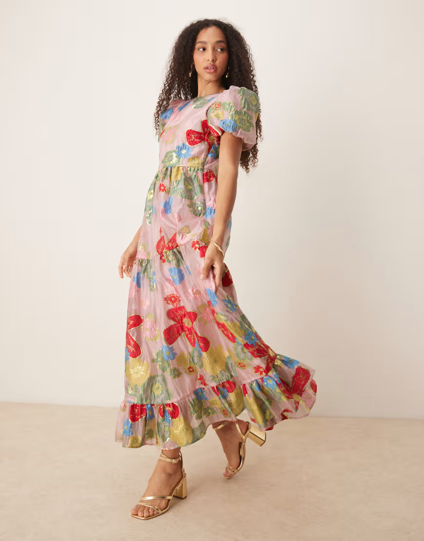 Dream Sister Jane Camellia jacquard maxi dress and red floral | ASOS (Global)