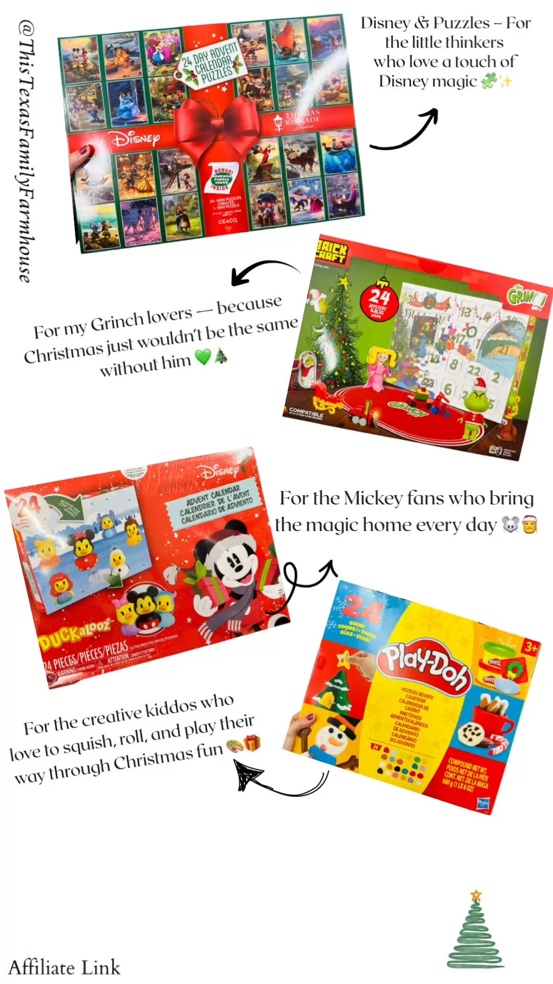 ✨ Countdown to Christmas is on! 🎄
I found the cutest kids’ Advent calendars at Walmart — from Disney puzzles to Play-Doh, Squishmallows, and even Grinch & Rudolph builds! 😍 Perfect for adding a little magic to each day leading up to Christmas.

Which one would your kids love most? 

#WalmartFinds #AdventCalendar #KidsChristmas #HolidayFun #ThisTexasFamilyFarmhouse

#LTKKids #LTKHoliday #LTKGiftGuide