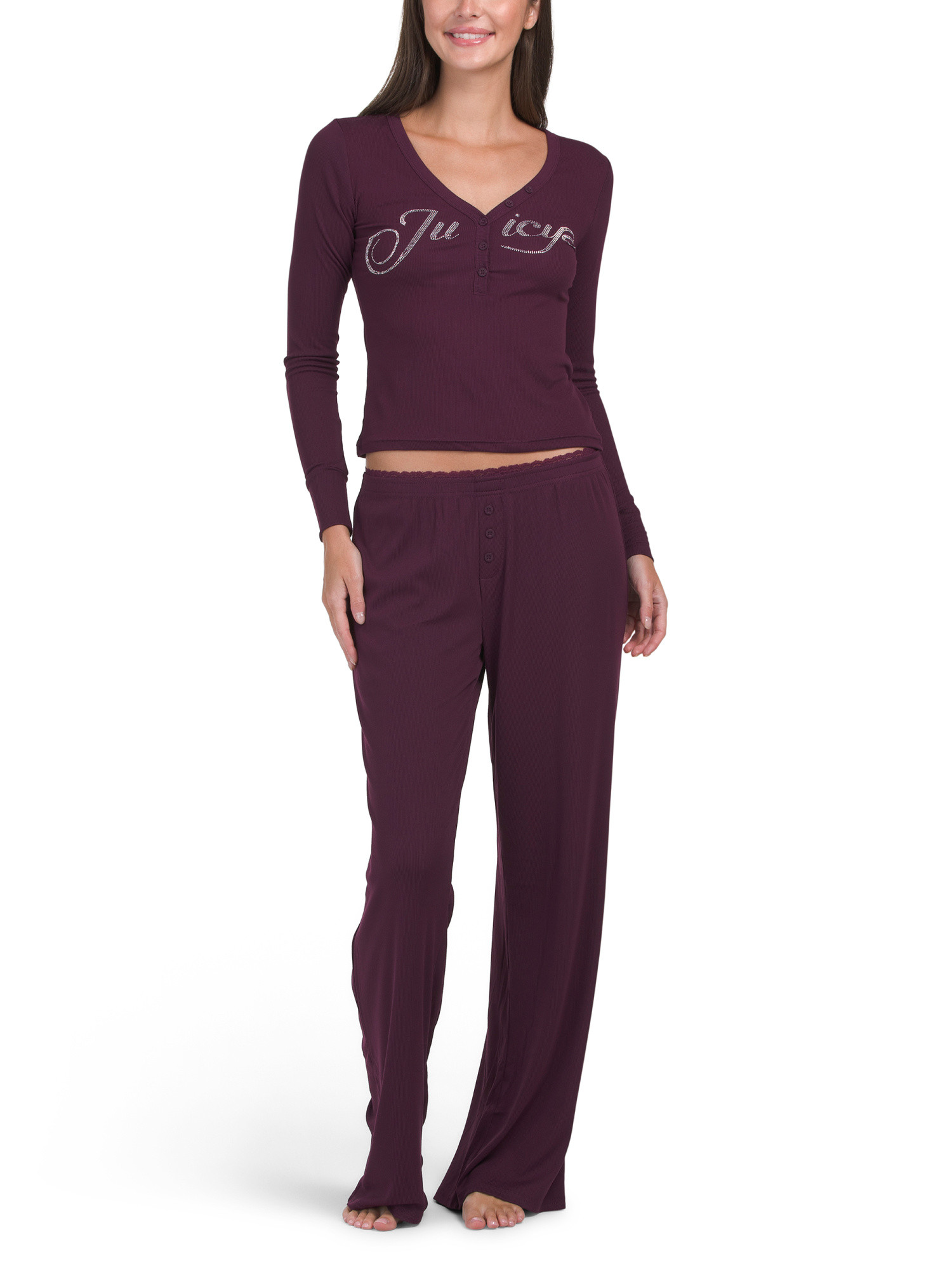 2pc Henley Neck Top And Pants Lounge Set | TJ Maxx