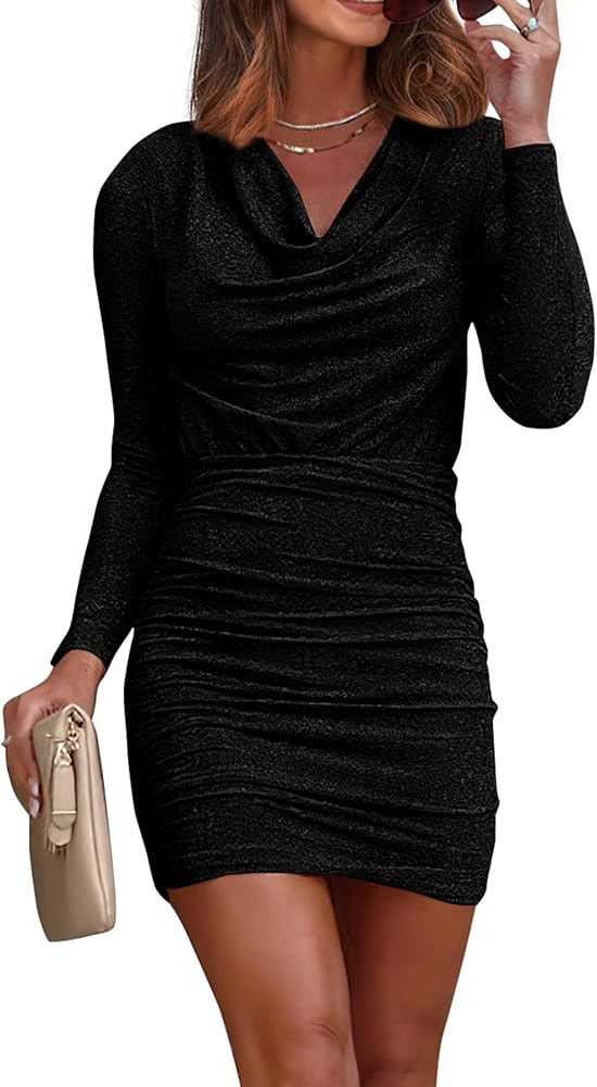 PRETTYGARDEN Women's Fall Bodycon Mini Dress Sparkly Long Sleeve Cowl Neck Ruched Short Club Cock... | Amazon (US)