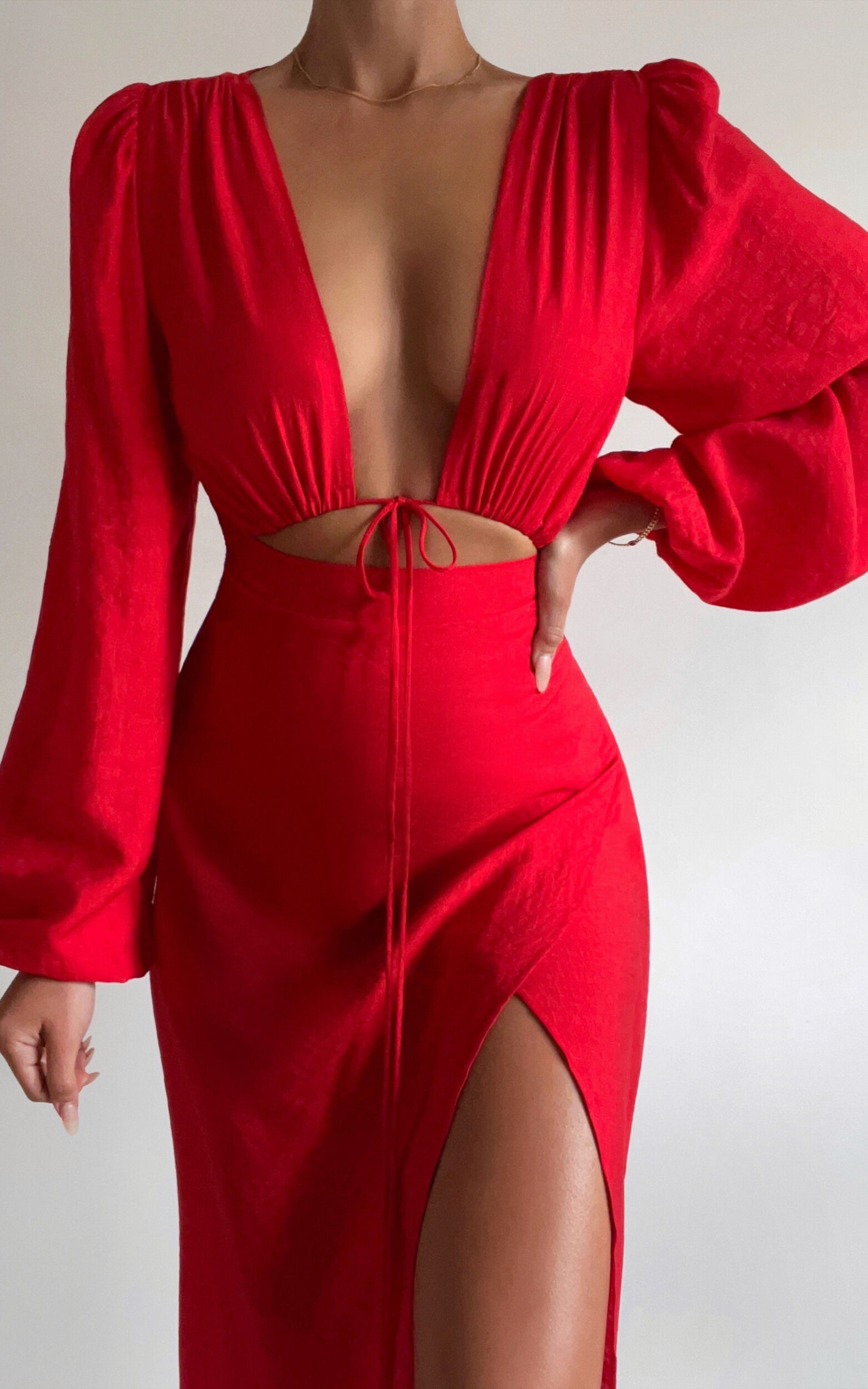 Demieh Midi Dress - Front Cut Out Long Sleeve Dress in Red | Showpo (US, UK & Europe)