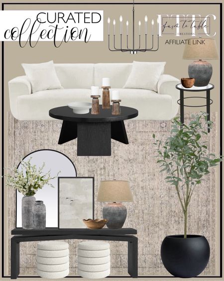 Curated Collection. Follow @farmtotablecreations on Instagram for more inspiration. 

Amber Lewis x Loloi Alie Taupe / Dove Area Rug. Minimore Modern Style Sofa 91" Round Arm Sofa. Mattelynn Coffee Table. Faux Eucalyptus Tree in Pot. Dorlis Fiberstone Pot Planter. Henn 78.75'' Solid Wood Console Table.  Sabine Metal Arch Wall Mirror. White Grunge Paint Stroke Collage Abstract Shapes Framed On Canvas Painting. Elia Earthenware Table Vase. Cherry Blossom Stems, Bushes, And Sprays Arrangement (Set of 6). Houa 27.5" Table Lamp. Eva Glass End Table. Tabletop Candlestick. Mahtotopa Handmade Wood Decorative Bowl. Mable Stoneware Decorative Bowl. Ashyla Wood Decorative Bowl. Helene Upholstered Storage Ottoman. Lily-Louise Classic / Traditional Chandelier Farmhouse 8 Light Rustic Iron Candle Hanging Lights. Living Room Inspiration. Wayfair Deals. Home Deals. Affordable Home Decor. 

#LTKsalealert #LTKfindsunder50 #LTKhome