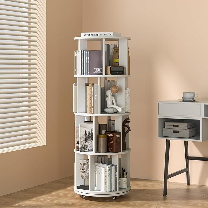 4-Tier Solid Wood Rotating Bookshelf on Wheels, 360° Spinning Book Shelf Tower, Round Revolving ... | Amazon (US)