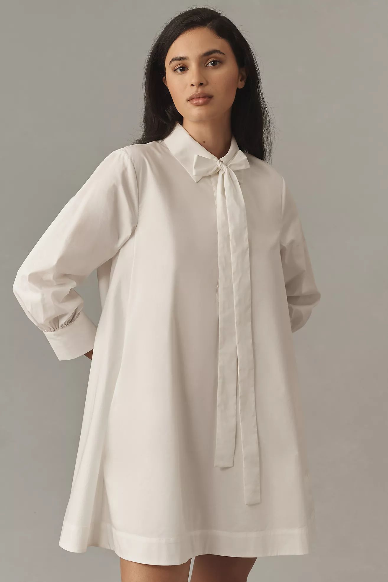 English Factory Long-Sleeve Bow-Tie Mini Shirt Dress | Anthropologie (US)