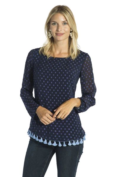 Navy Swiss Dot Tassel Long Sleeve Top | Sail to Sable