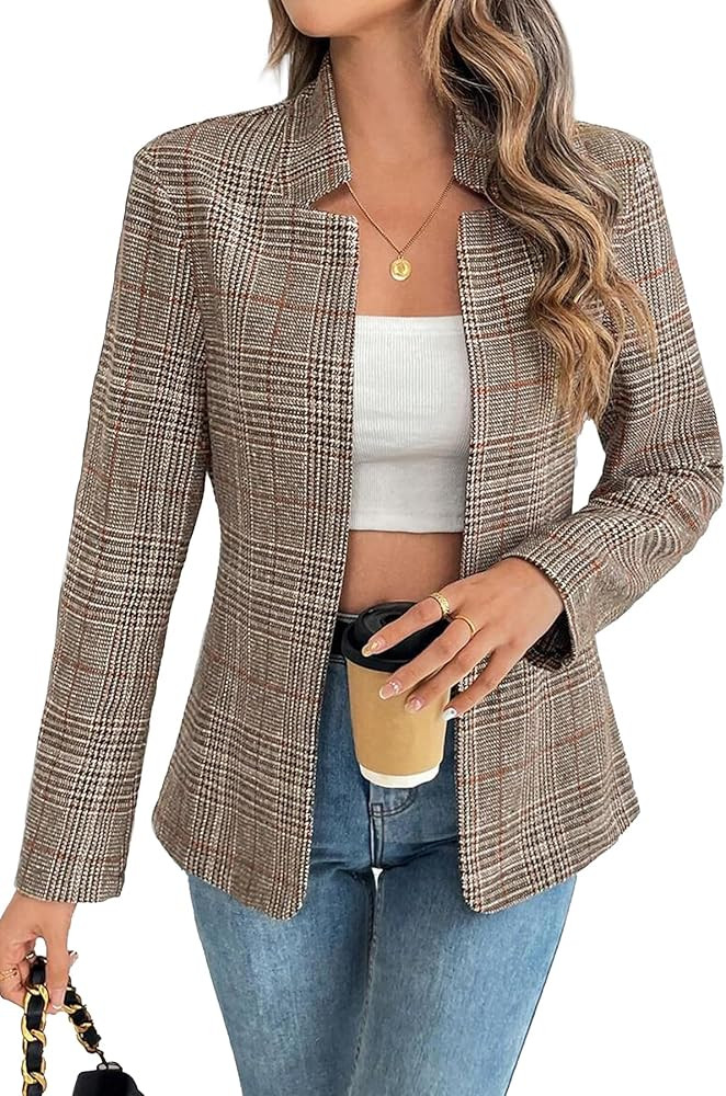 ELLEVEN Women's Plaid Blazer Open Front Stand Collar Houndstooth Suit Boyfriends Jacket for Work ... | Amazon (US)