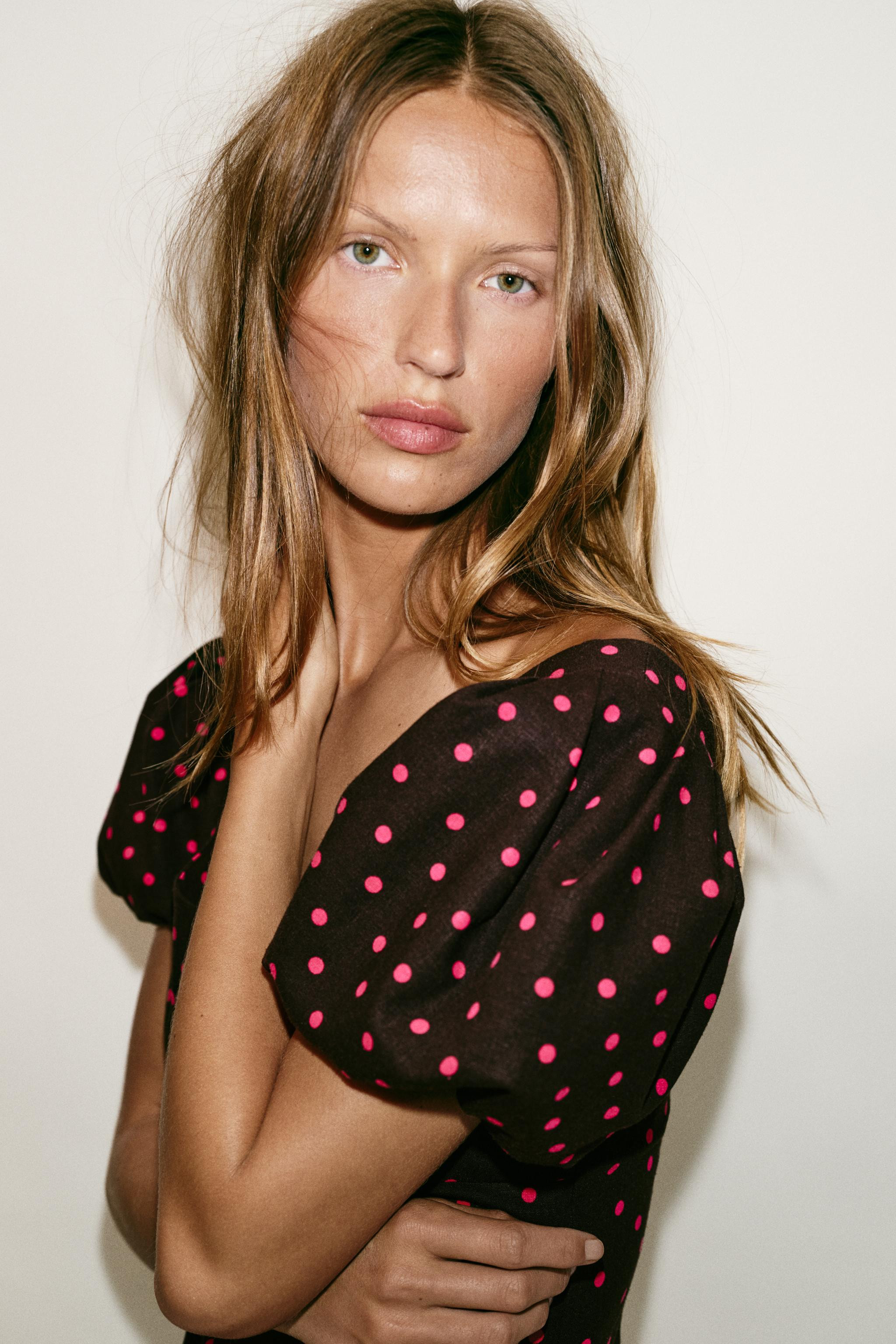 LINEN BLEND BALLOON SLEEVE POLKA DOT DRESS | Zara US