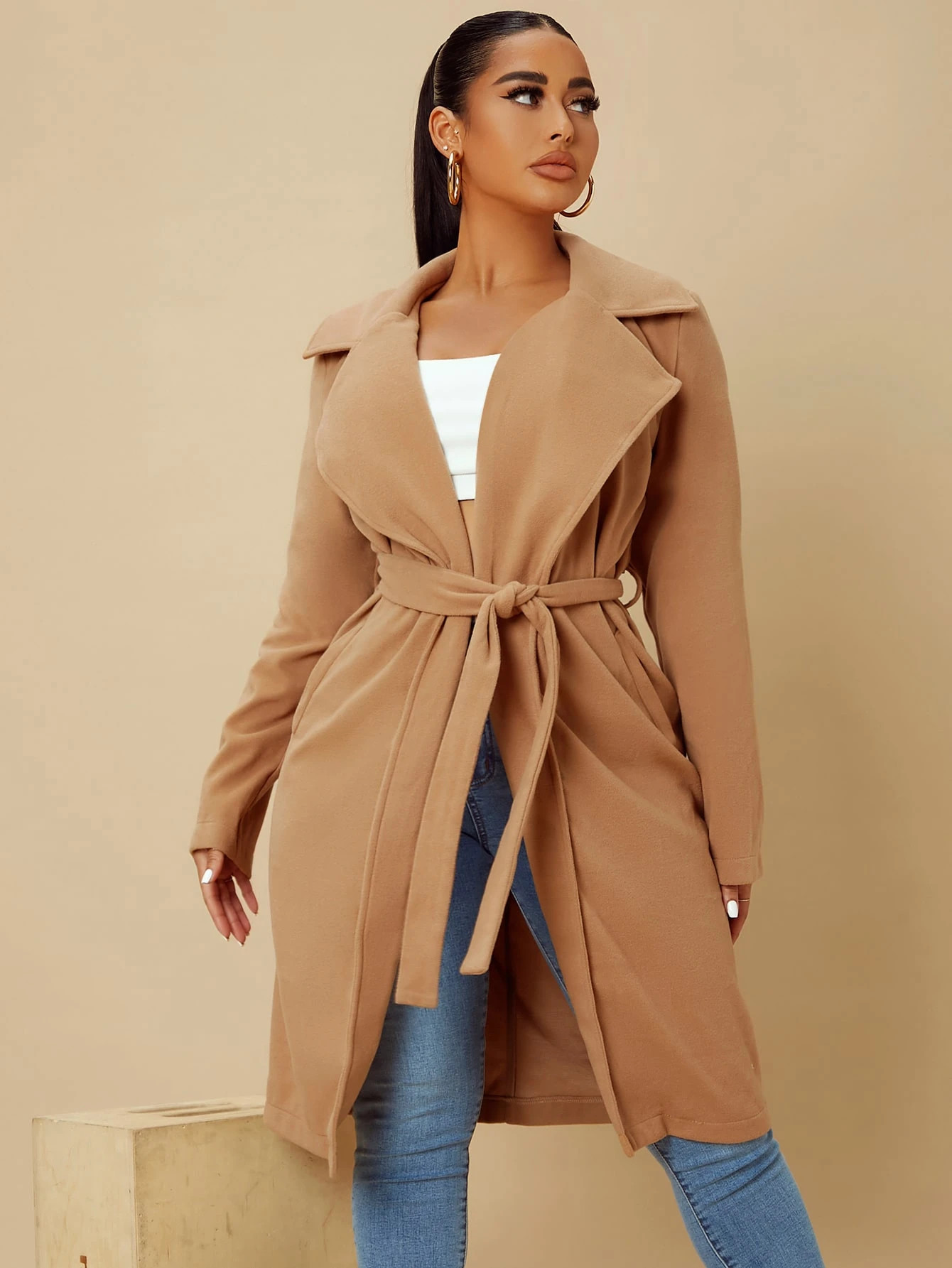 SHEIN SXY Solid Lapel Neck Belted Overcoat | SHEIN