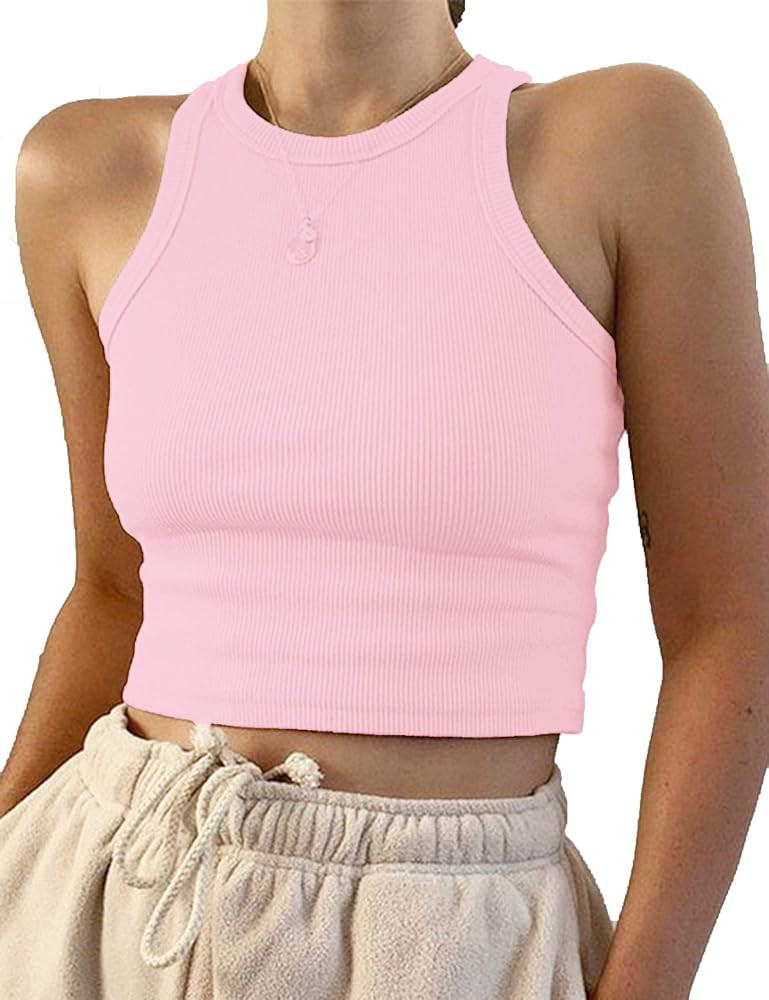 Meladyan Women's Round Neck Basic Racerback Camisole Rib-Knit Solid Sleeveless Crop Tank Tops | Amazon (US)