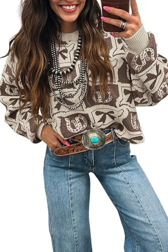 Womens Pullover Sweater Western Print Knit Tops Boho Drop Shoulder Brown Bows & Horseshoes | Amazon (US)