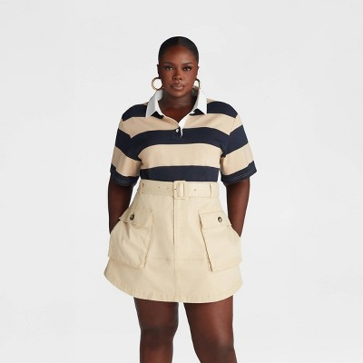 KBB by KAHLANA Women's Short Sleeve 'The Fitted Rugby Shirt' - Navy/Tan Striped 4X | Target