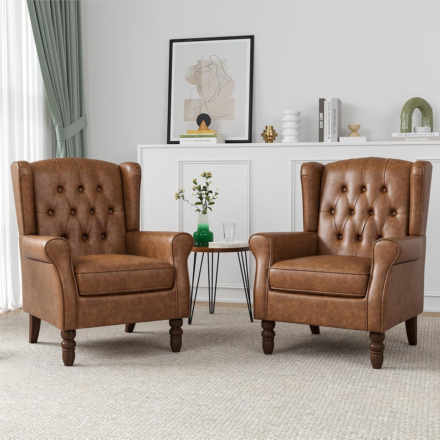 High Back Accent Chairs Set of 2, Faux Leather Wingback Chair, Brown | Amazon (US)