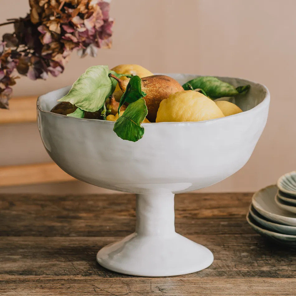 White Ceramic Stemmed Fruit Bowl | Graham and Green