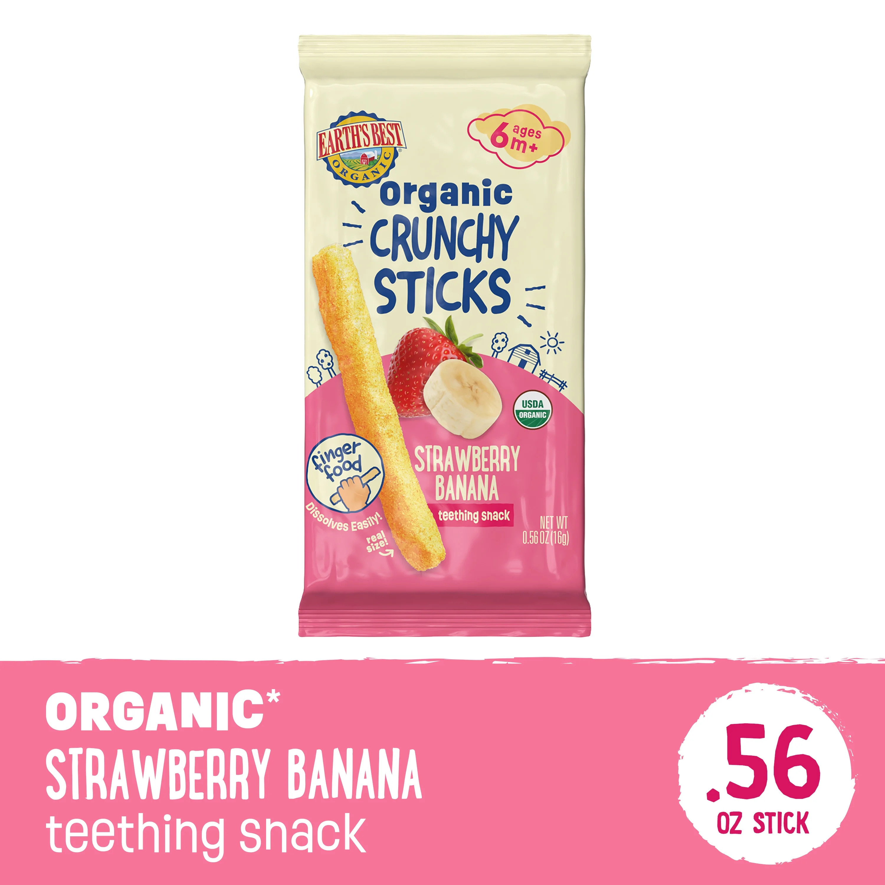 Earth's Best Organic Teething Crunchy Sticks Strawberry Banana Puffed Baby Snack, 0.56 oz Bag | Walmart (US)