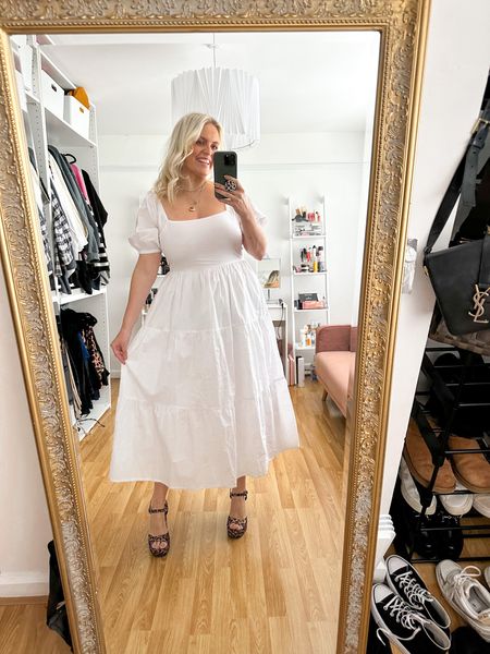 White dress, midi length dress, square neckline, cut out back detail, cotton light airy summer dress, short sleeve, ruffle sectioned dress, leopard print platform heels 

#LTKstyletip #LTKeurope #LTKSeasonal