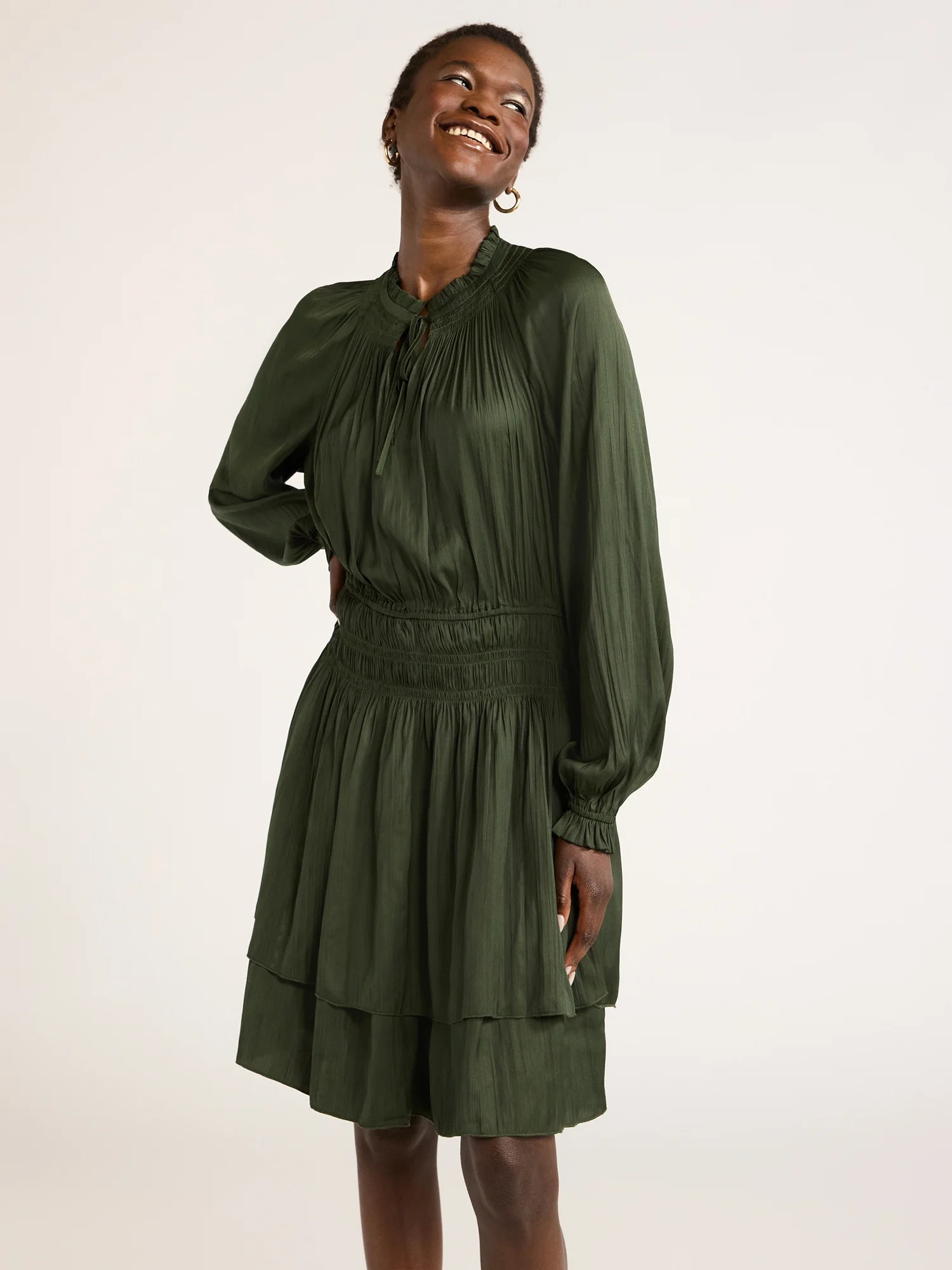 Scoop Women’s Smocked Waist Ruffle Mini Dress with Long Sleeves, Sizes XS-XXL | Walmart (US)