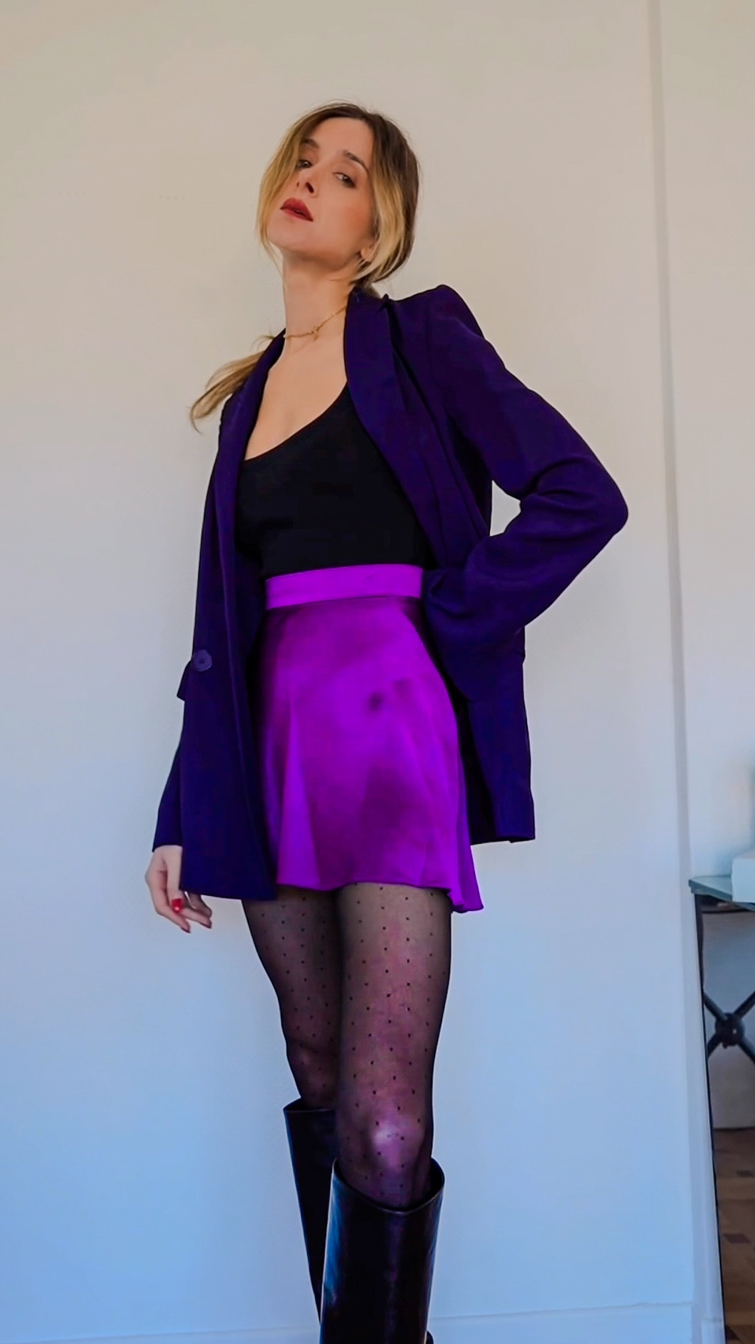 Purple blazer & satin mini for a winter date night  in Paris 💜

purple blazer, purple satin mini skirt, black square-neck top, sheer polka dot tights, black knee-high heeled boots, gold chain shoulder bag, winter date night outfit, french girl style, color block look, paris date night outfit

#datenightoutfit #purpleoutfit #miniskirt #kneehighboots #silkskirt

#LTKpartywear #LTKdatenight #LTKfestive