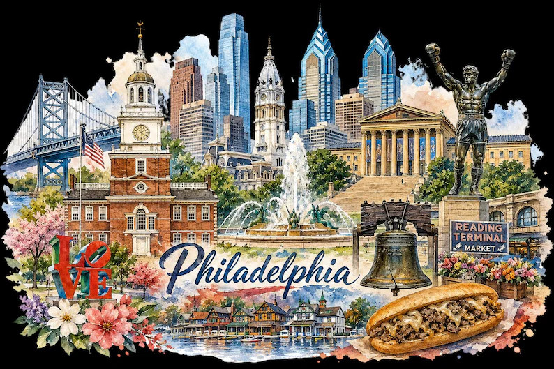 Philadelphia Watercolor PNG | Philadelphia Skyline Clipart | Independence Hall | Rocky Statue | T... | Etsy (Global)