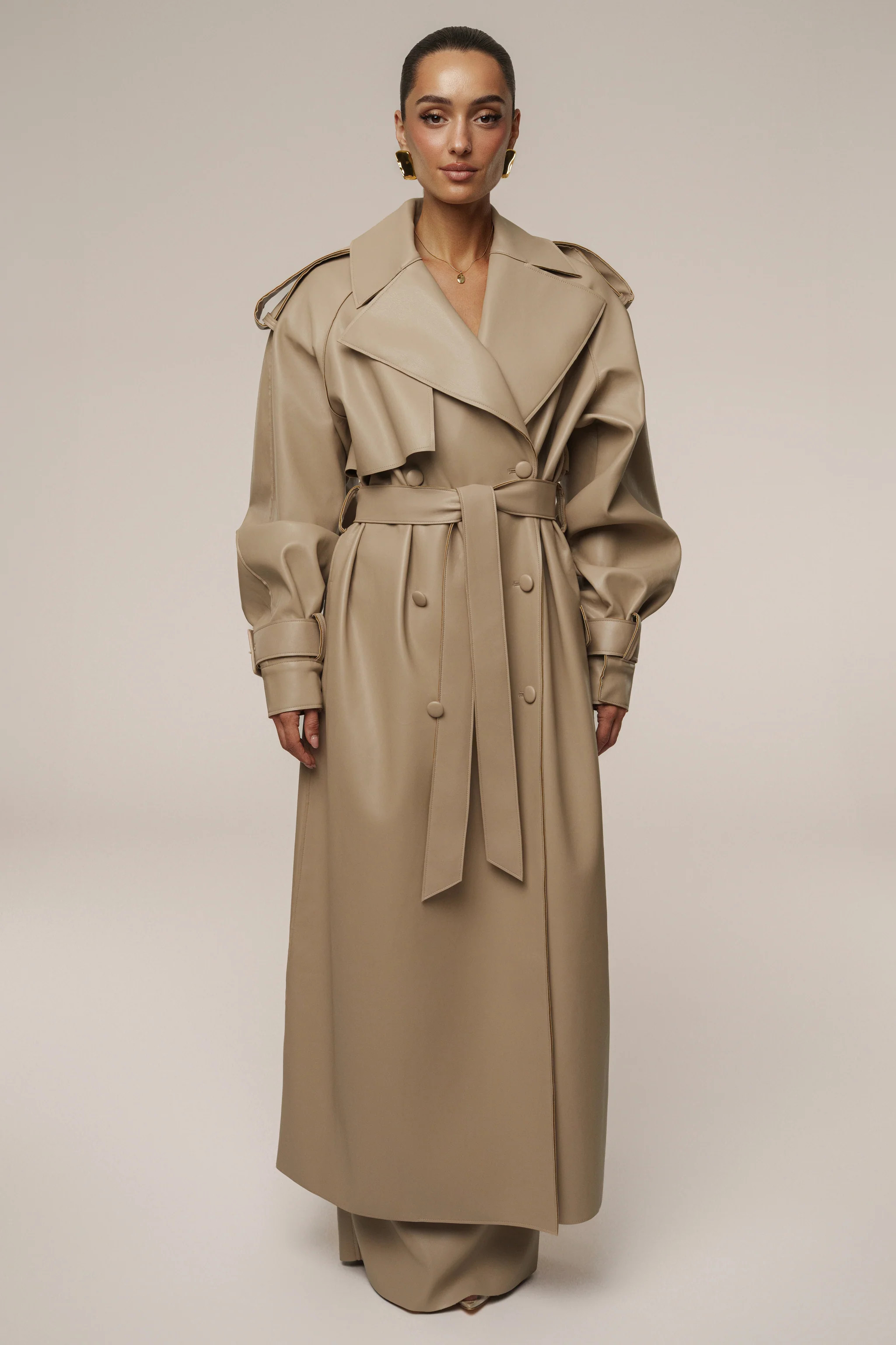 Tan The Icon PU Leather Coat | JLUXLABEL