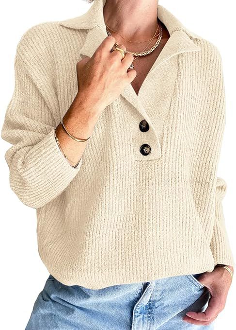LILLUSORY Women's Snap-Buttons Foldover Collar Henley Knitted Pullover Sweater Tops | Amazon (US)