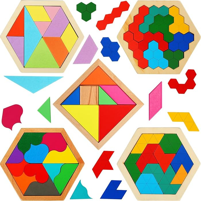5 Pack Wooden Tangram Puzzle for Kids Wooden Hexagon Puzzle Block Teaser Geometric Shapes Tangram... | Amazon (US)