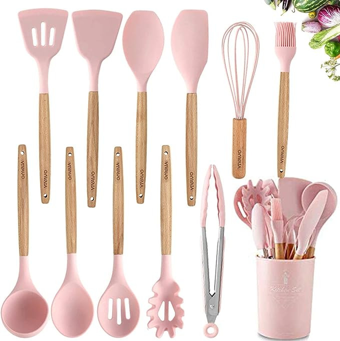 VIVAYO Silicone Cooking Utensil Kitchen Utensils Set, 12 Pieces Silicone Kitchen Utensil Wooden H... | Amazon (US)