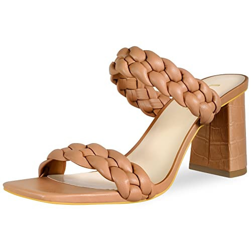 Leevar Braided Sandals for Women - Stylish Square Toe Braided Heels for Women - Tan Womens Braided Block Heel Sandals - 3 inches Woven Chunky Heels, Khakia, Size 7.5 | Amazon (US)