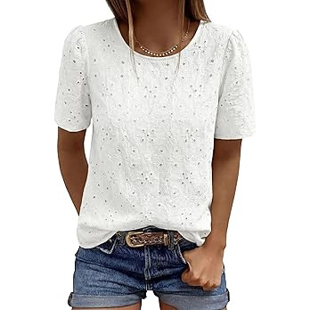 PRETTYGARDEN Embroidered Eyelet Tops for Women Summer Blouses Dressy Casual 2026 Spring Work Teac... | Amazon (US)