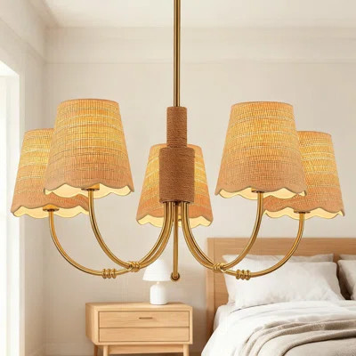 Boho Rattan Chandelier Light Fixture With Antique Brass Finish, 5-Light Dimmable Pendant For Dining Room Kitchen Island Living Room | Wayfair North America