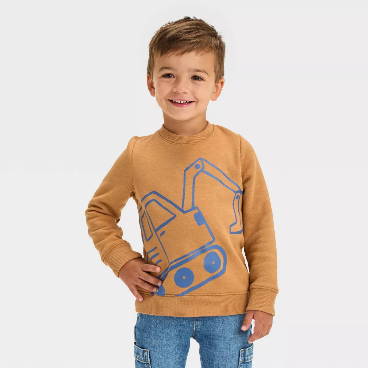 Toddler Boys' Construction Printed Fleece Crewneck Sweatshirt - Cat & Jack™ Brown 12M | Target