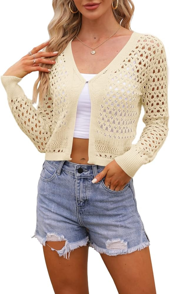 Pepochic Womens Summer Cropped Cardigan Sweaters Lightweight Open Front Knit Long Sleeve Casual C... | Amazon (US)