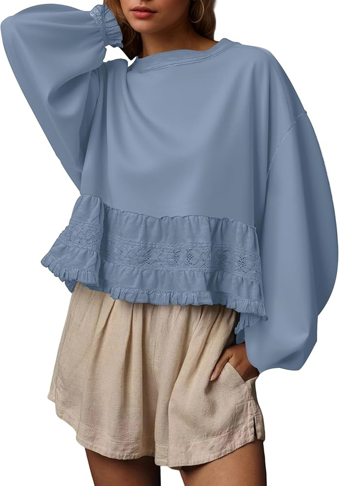 Burtell Crew Neck Crop Oversized Sweatshirts For Women Casual Long Puff Sleeve Babydoll Tops Loos... | Amazon (US)