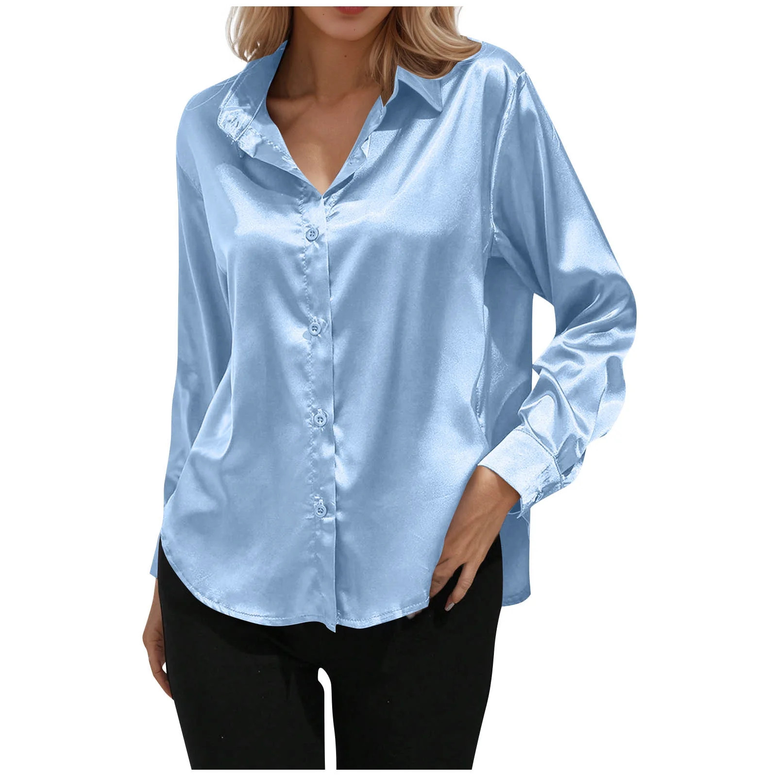 Atogsazn Womens Satin Silk Button Down Shirt Casual V Neck Long Sleeve Top Casual Dressy Blouse B... | Walmart (US)