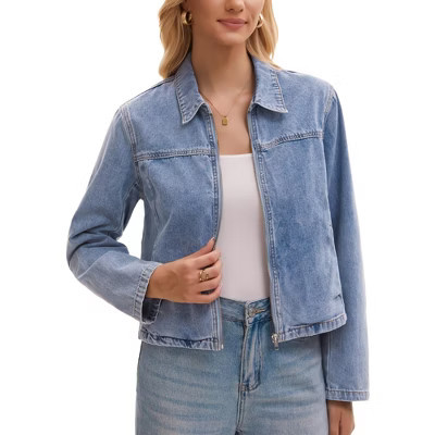 INSPIRE CHIC Women's Long Sleeve Turndown Collar Pockets Lightweight Denim Cropped Bomber Jackets Small Light Blue | Target