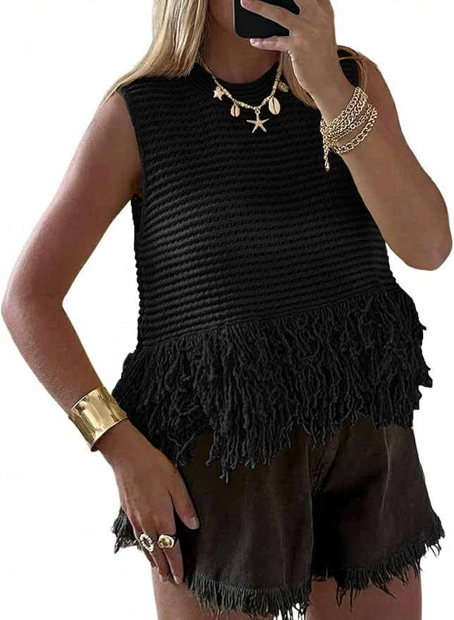 Saodimallsu Womens Crochet Crop Tank Tops Sleeveless Fringe Crew Neck Trendy Boho Knit Summer Swe... | Amazon (US)