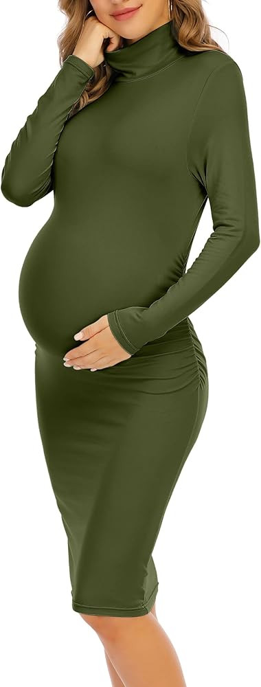Turtleneck & Long Sleeve Maternity Dress Side Ruched Maternity Dress for Daily Wear Baby Shower M... | Amazon (US)