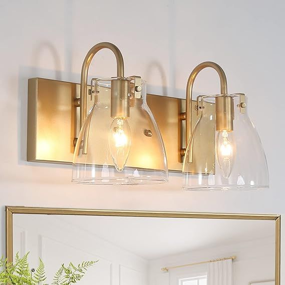 KSANA Bathroom Vanity Light Fixtures, 2 Lights Gold Bathroom Light Fixtures with Clear Glass Shad... | Amazon (US)