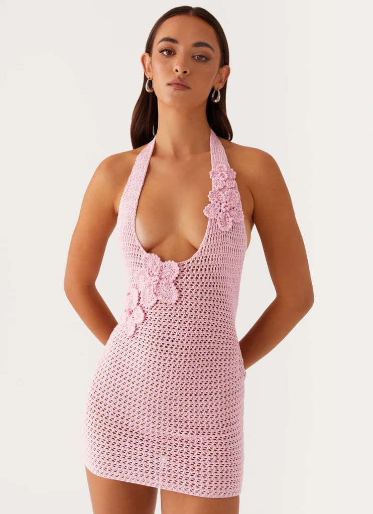 Luciana Crochet Halterneck Mini Dress - Pink | Peppermayo (Global)