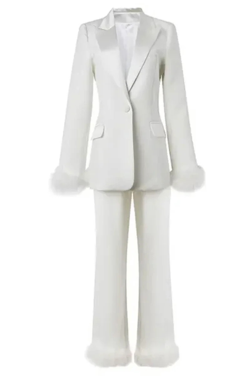 Jessica Bara Henrietta Feather Cuffed Blazer & Pants Two Piece Set Medium / White | JESSICA BARA