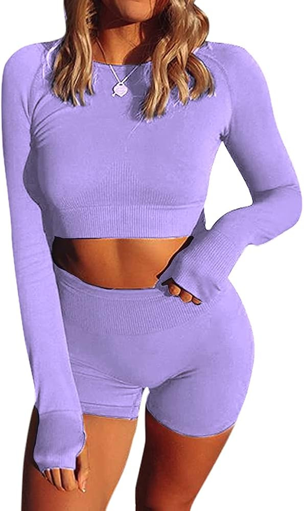 Amazon.com: HCKG Women's 2 Piece Yoga Outfits Workout Athletic Sets - Long Sleeve Gym Crop Tops H... | Amazon (US)