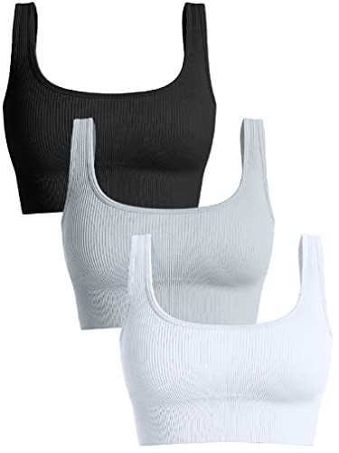 OQQ Women's 3 Piece Medium Support Tank Top Ribbed Seamless Removable Cups Workout Exercise Sport Bra Black Grey White | Amazon (US)
