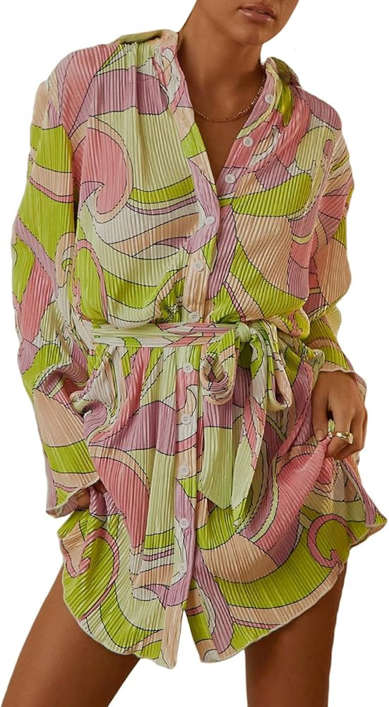 KMBANGI Women Sexy Mini Shirt Dress Pleated Button Down V Neck Collared Short Dress Print Lace Up... | Amazon (US)